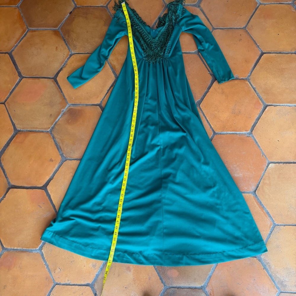 Vintage 70s Disco Soul Train Studio 54 Maxi Dress Green Fringe Cocktail Party 8 - Picture 7 of 8